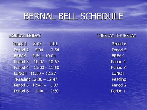 SY 2022-23 Bell Schedule; This is our school's bell schedule for all days (Monday - Friday) Start Time End Time Length; Opening (15 min) 745 AM 800 AM 15 min Homeroom (10 min) 800 AM. . Bernal intermediate school bell schedule